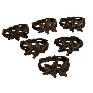 VTG Antique Style Bronze Collectible Holiday Mistletoe Berries Napkin Rings Deco